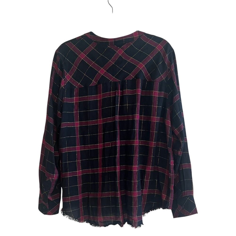 Rails Redding Linen Raw Hem Plaid Long Sleeve Popover Shirt Black Wine Gold Sz L - Picture 3 of 8